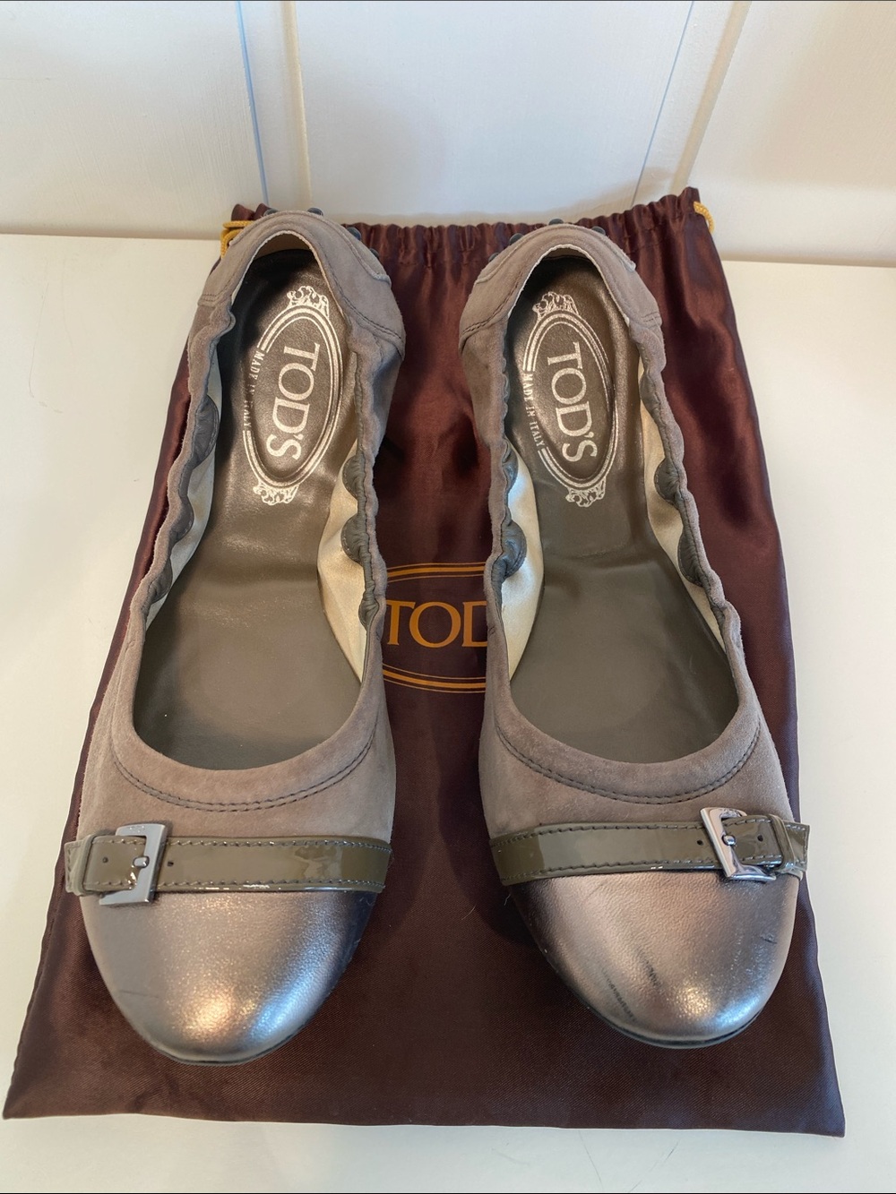 TOD'S Metallic Leather and Suede Olive Ballet Flats